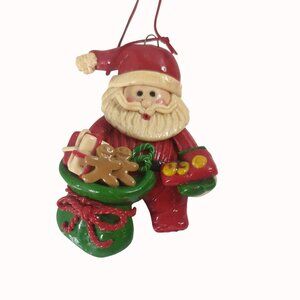 Vintage Polymer Clay Santa Claus Christmas Ornament With Gifts Gingerbread Men